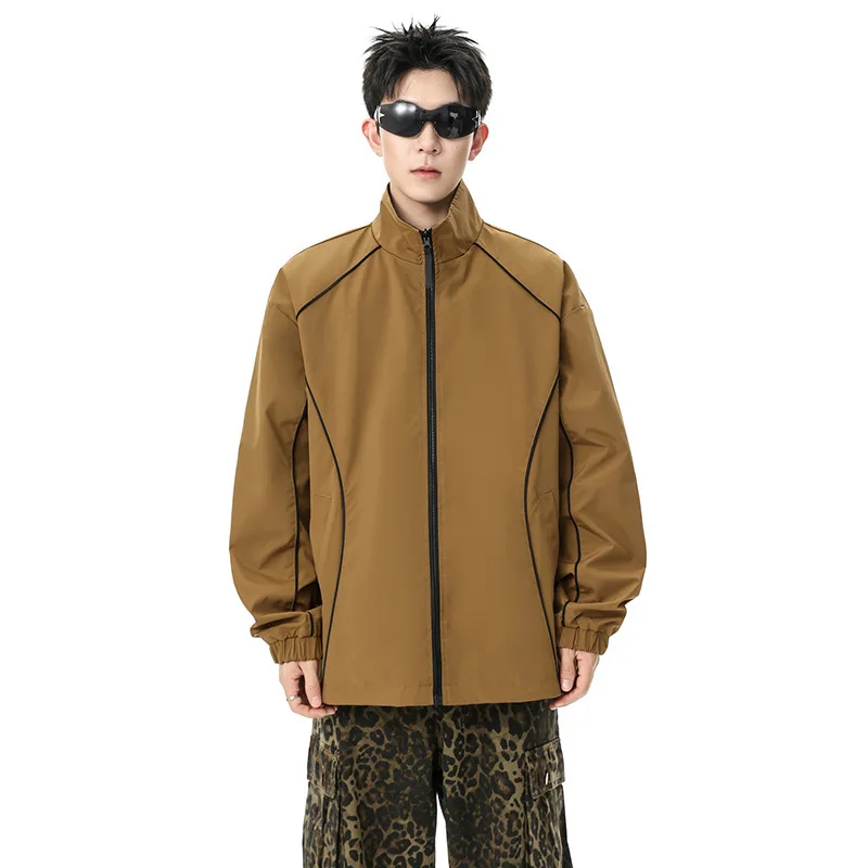 

Men Pilot Jacket Spring Autumn American Sequin Turn Down Collar Male Outerwear Loose Long Sleeve Two-sided Man Cargo Outerwear
