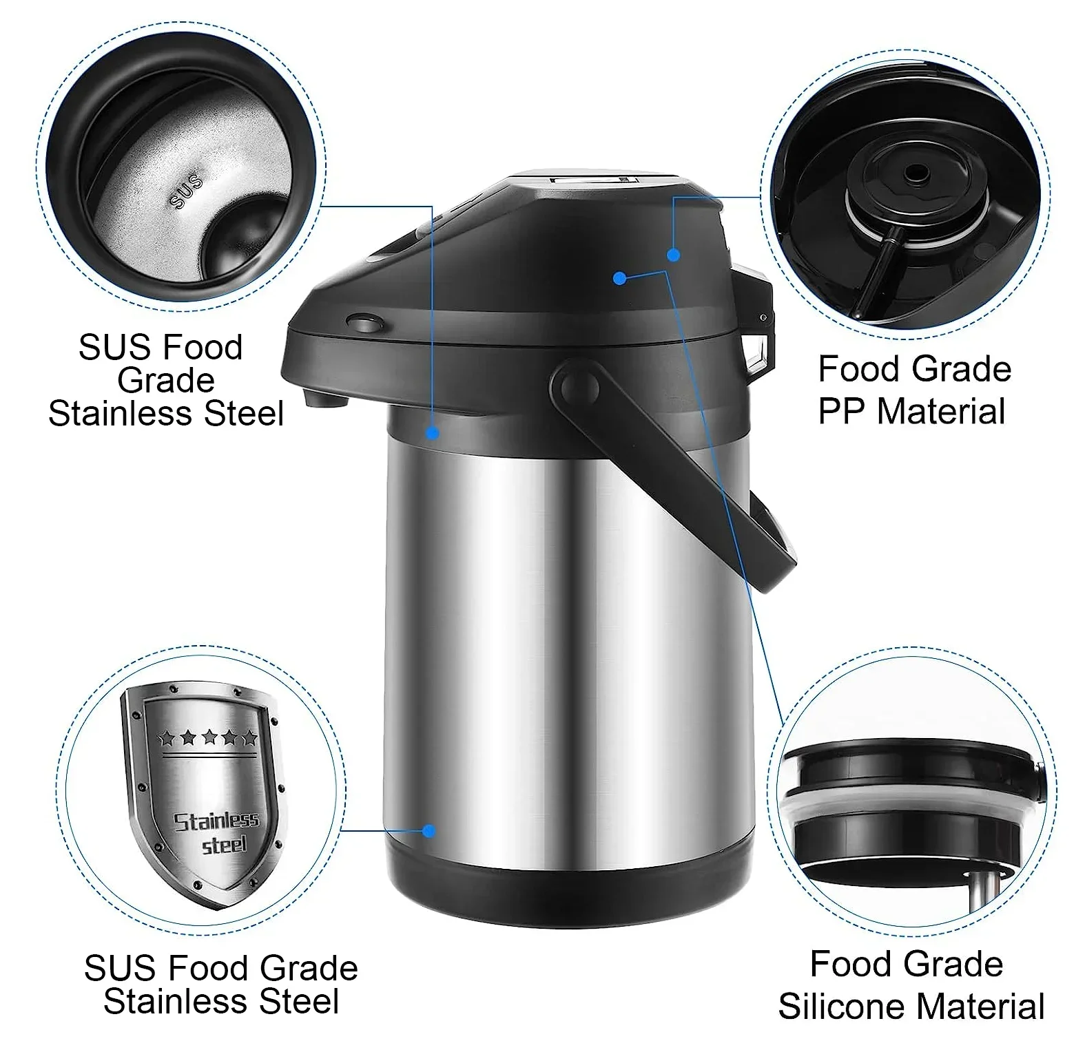 Airpot Thermos Coffee Carafe Insulated Inox Stainless Steel Coffee Beverage Dispenser with Pump Thermal Vacuum Jug Termo