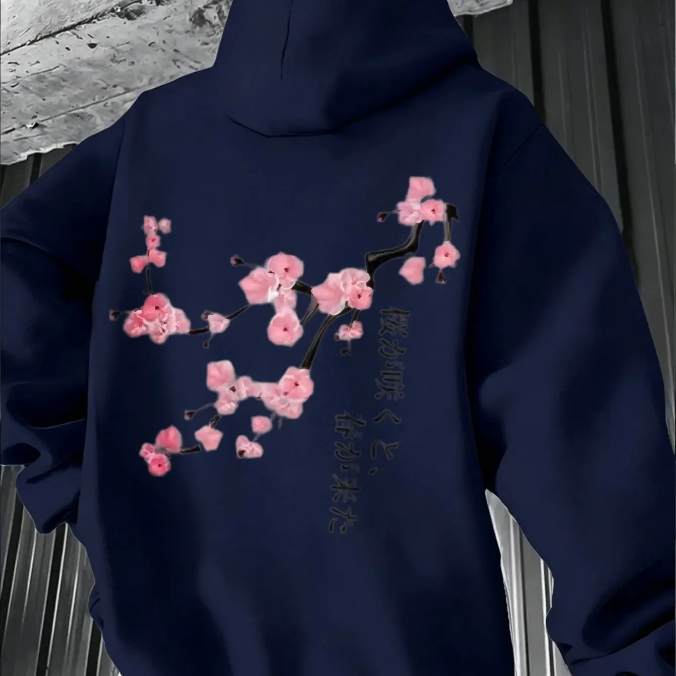 Men'S Hoodie Pink Cherry Blossom Branches with Japanese Text Design Spring Autumn Daily Wear Gift for Boyfriend Husband Son