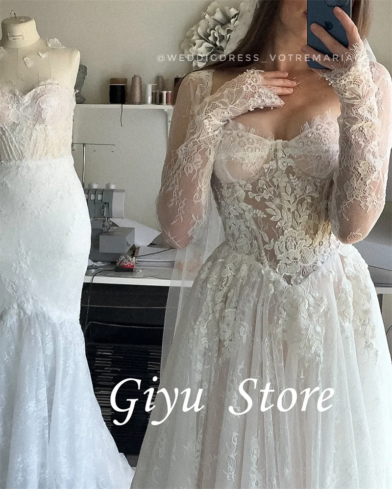 Giyu elegante una línea de Vestidos de novia de encaje de manga larga Sweetheart corte tren Vestidos de novia de talla grande Vestidos de noiva personalizados