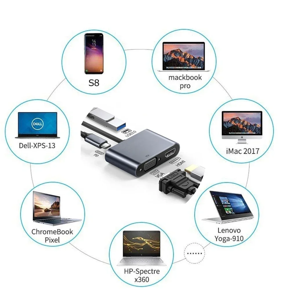 Zlrlmhy-Type-cアダプターハブ,hdmi,vga,usb 3.0,デジタルavマルチポートアダプター,thunderbolt 3to 4k 1080p,macbook用急速充電ポート