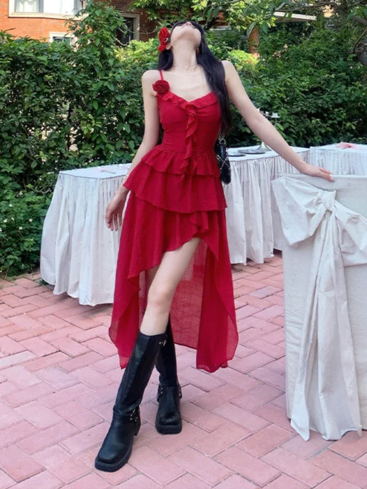 

Woman Irregular Dress 2025 Summer Streetwear 3D Flower Vintage Dresses Grunge Y2k Aesthetic Ruffled Vestidos Slim Fit Harajuku