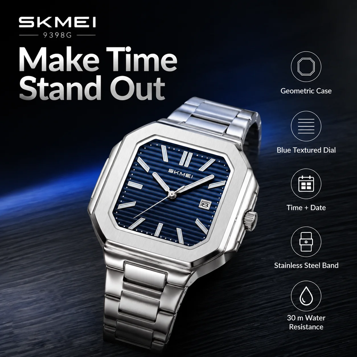SKMEI 9398 Fashion Quartz Watches For Men Women 30M Waterproof Couple Casual Wristwatches Date Display Stainless Steel Strap
