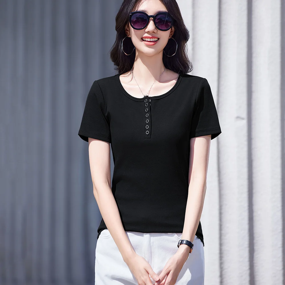 

New Women Basic Casual T-shirt Summer Fashion O-Neck Short Sleeve Slim Waist T-shirt Simplicity Solid Color Female T-shirt