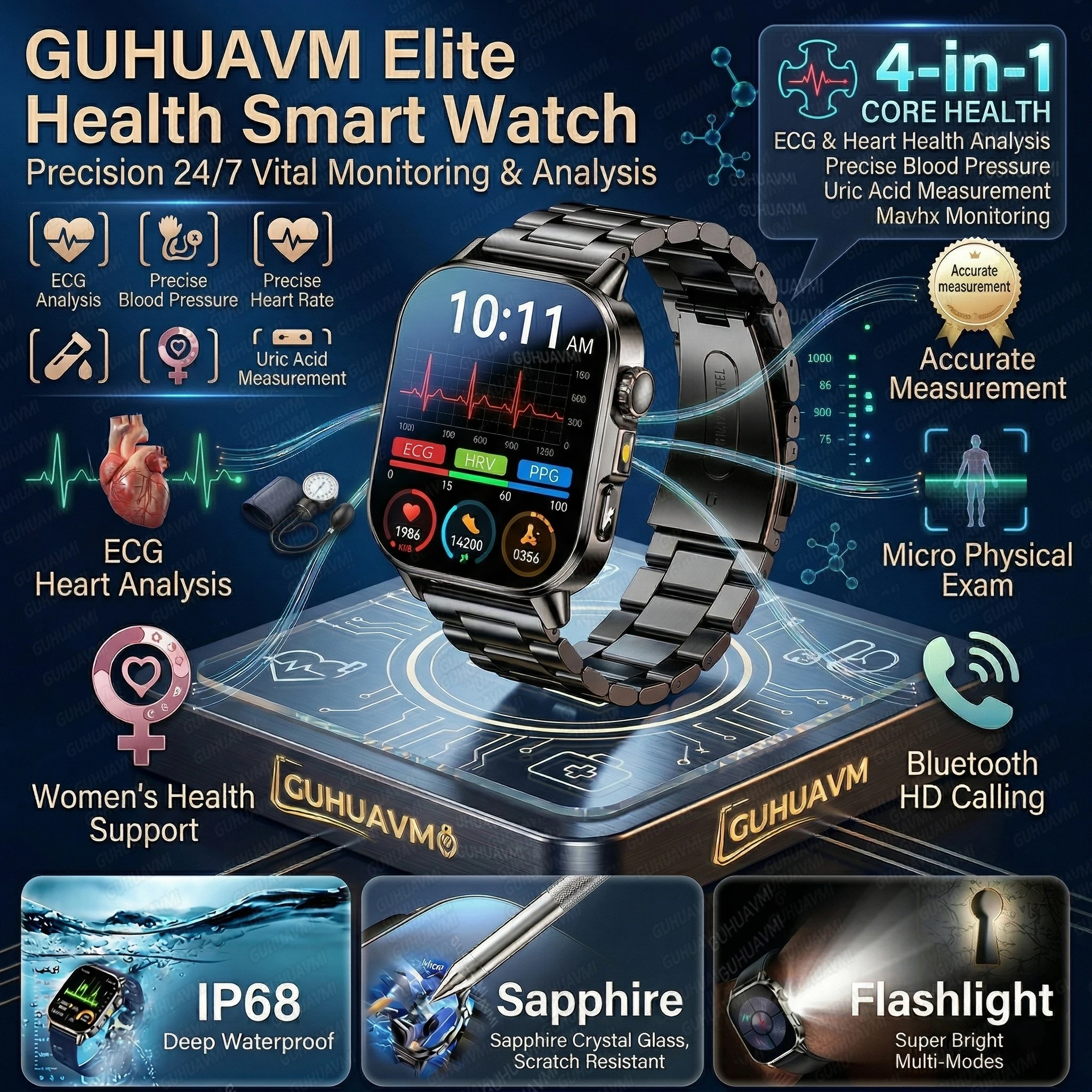 Novo Smartwatch de Saúde 2026 com Exame Físico Micro, ECG+PPG, Pressão Arterial, Lipídios Sanguíneos, Ácido Úrico e Lanterna para Homens e Mulheres