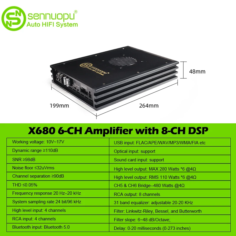 Sennuopu Car DSP Processor Digital Designs Car Subwoofer Amplifier Power Audio Subwoofer Amplifier Car