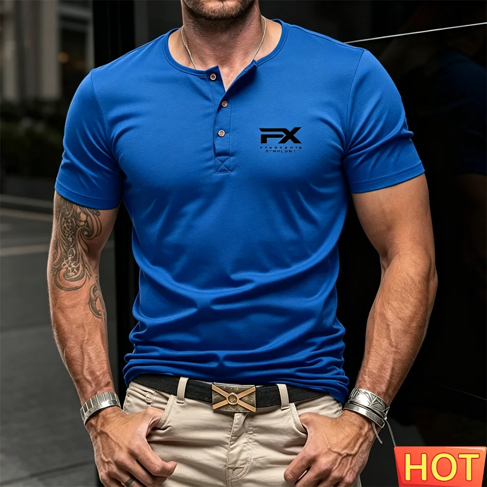 Men's button up T-shirt summer Men's Henry T-shirt casual loose letter round neck short sleeved T-shirt tops Sports Henry shirt