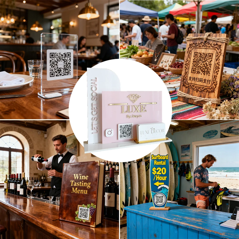 علامة رمز QR متعددة مخصصة تحمل شعارًا مخصصًا، حامل أكريليك للشركات الصغيرة، قائمة الدفع، متابعة الاستقبال في الفندق #6