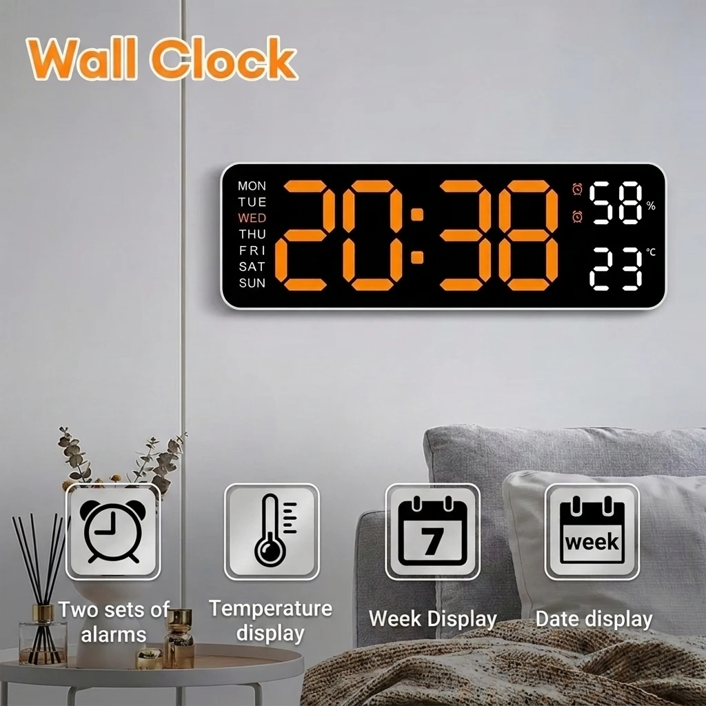 LED Digital Wall Clock Temperature Humidity Week Display 2 Alarms Brightness Adjustable 12/24H Electronic LED Table Alarm Clock