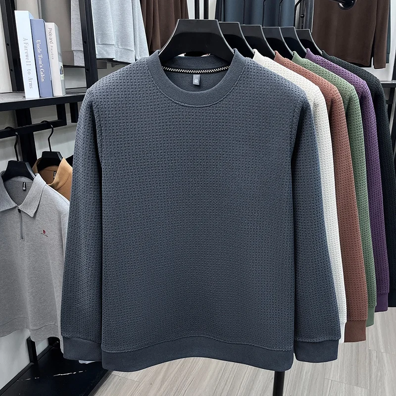 Herren-Sweatshirt mit Rundhalsausschnitt, Waffelstruktur, langen Ärmeln, einfarbig, lockerer Schnitt, lässig, für den täglichen Gebrauch, ein Basic-Oberteil für Herbst und Winter. – Detail 9