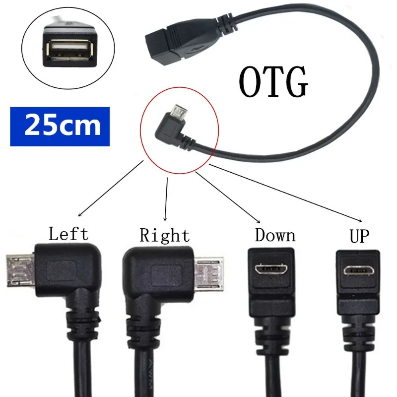OTG Cable Micro USB to USB AF Female 5P 90 Degree Angled Adapter for Flash Drive Connection