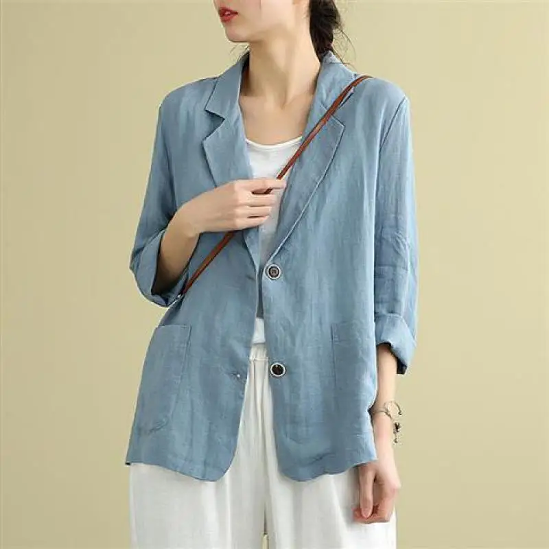 Women Cotton and Linen Blazer Jacket Solid Fashion 2024 Lapel Collar Suit Coat Long Sleeves Korean Loose Office Lady Outwear