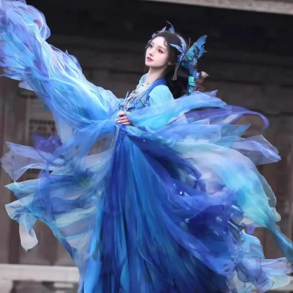 2026 Improved Strap Skirt [Blue Flash Butterfly]Zisong Hanfu Women's Super Immortal Heavy Industry Embroidery Big Sleeve hanfu