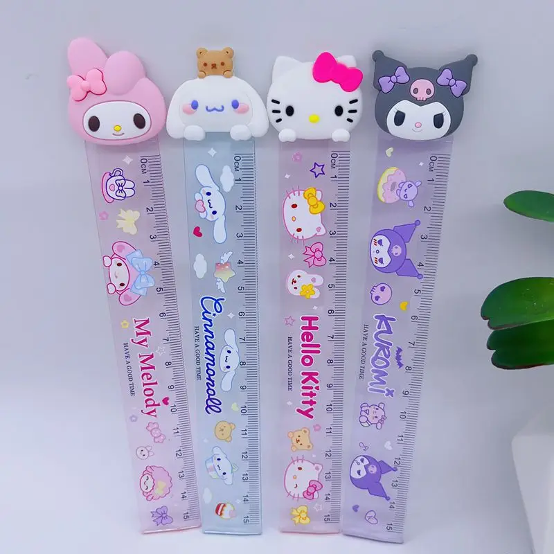 Sanrio Stationery Ruler 4Pcs Kawaii Cartoon Hello Kitty Kuromi My Melody Cinnamoroll 15cm Rulers Students School Office Supplies