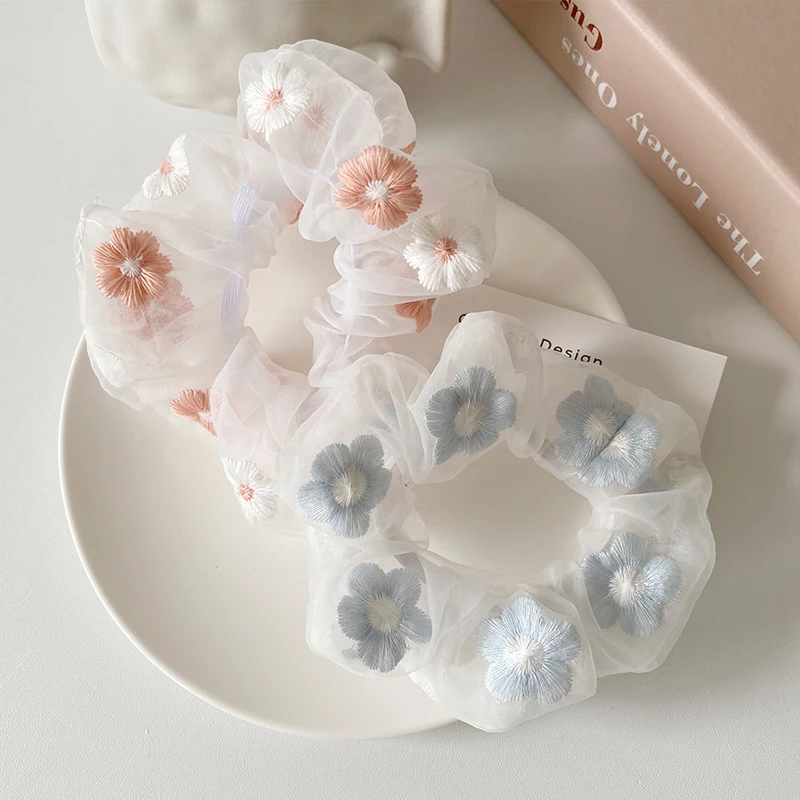 

2pcs Exquisite Embroidered Mesh Large Intestine Hair Ring Fresh Blue Pink Forest Headband Yarn Fat Intestine Hair Accessories