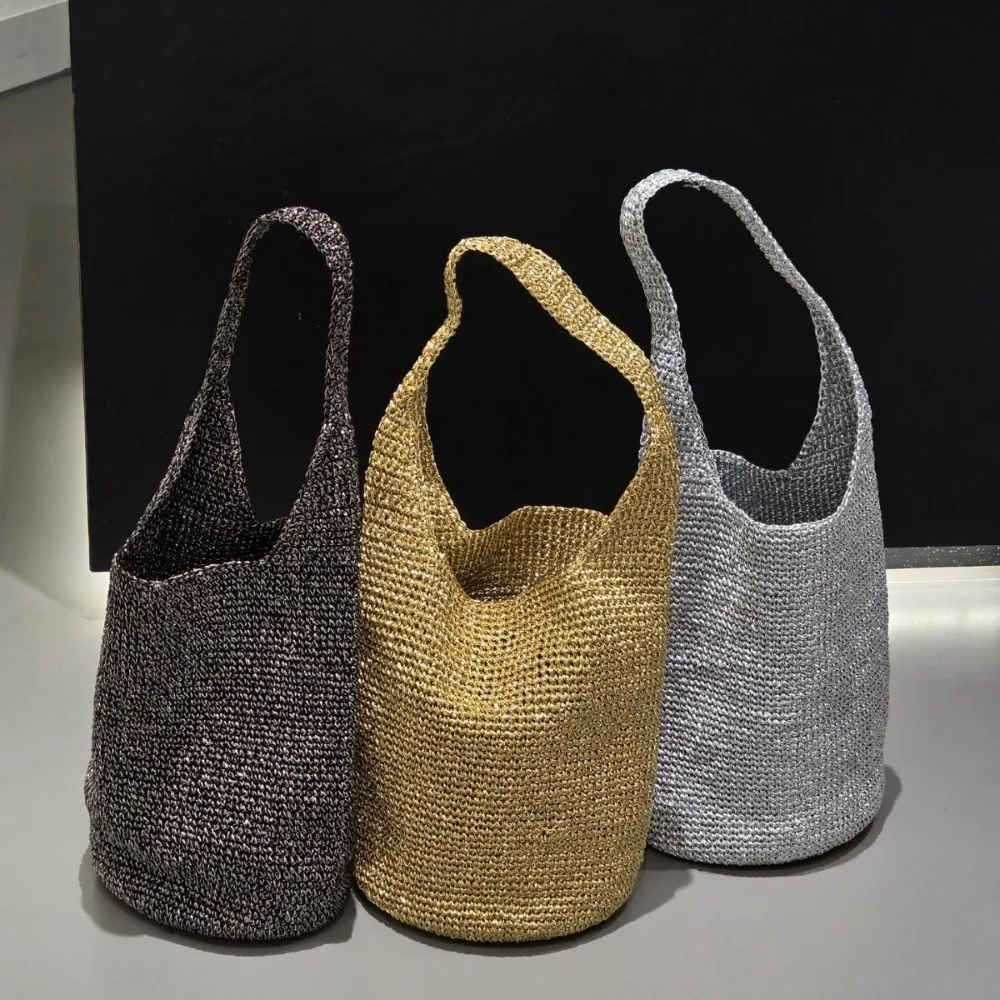 New High Elastic Silk Straw Bag Summer Beach Vacation Hollow Texture Unique Large Capacity Casual Versatile Bucket Women