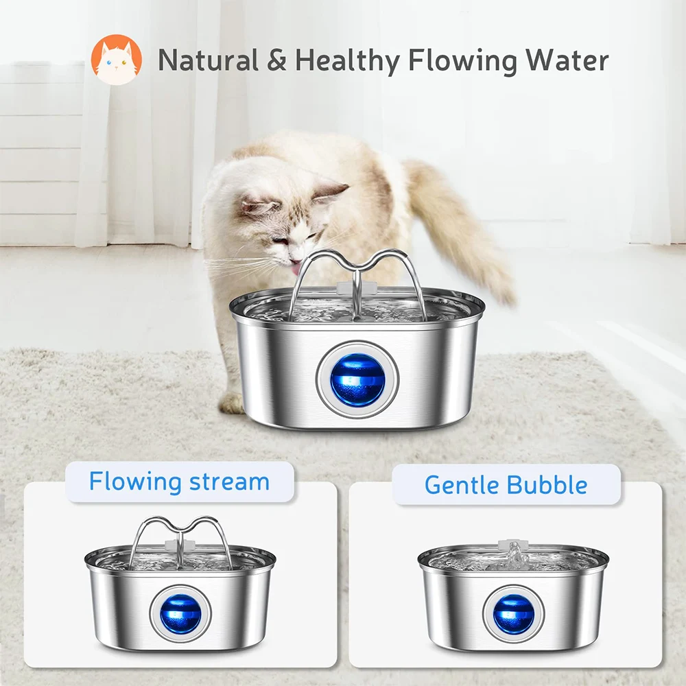 108oz/3.2L Cat Water Stainless Steel Pets Dispenser With LED Light Silent Pump Automatic Fountain For Cat Dog Drinking Bowl