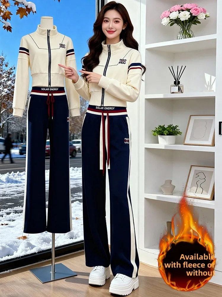 

High-End European Style Women's Sportswear Set Winter Thickened Fleece Short Jacket Top Wide Leg Pants Two-Piece Suit