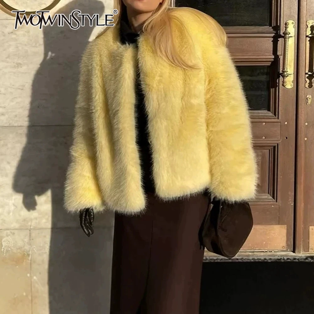 TWOTWINSTYLE Casual Faux Fur Women Jackets Round Neck Long Sleeve Chic Loose Jacket for Winter Street City Outing Fashion New
