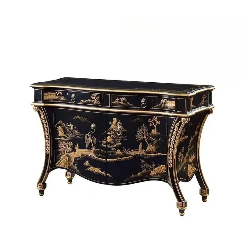 

Nordic retro high cabinet painted living room dining side porch wine cabinet neoclassical decorative cabinet