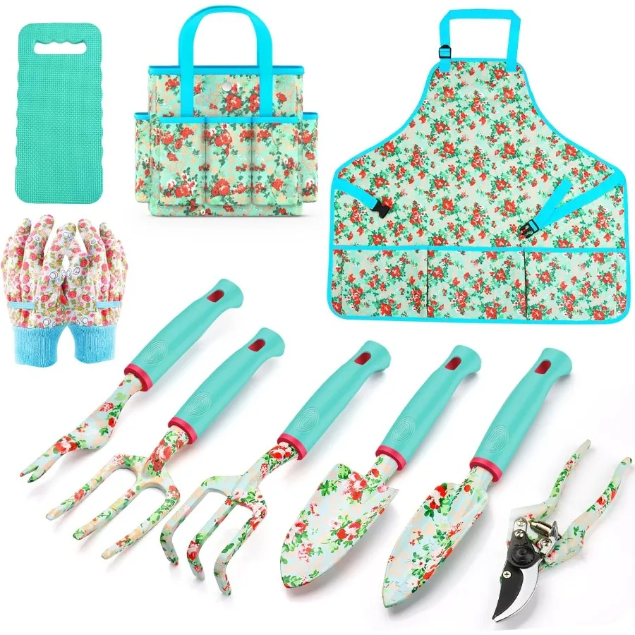 10 PCS Heavy Duty Garden Tools Set with Tote Bag Apron Gloves Kneeling Pad for Women and Men Includes Hand Trowel Rake Weeder P