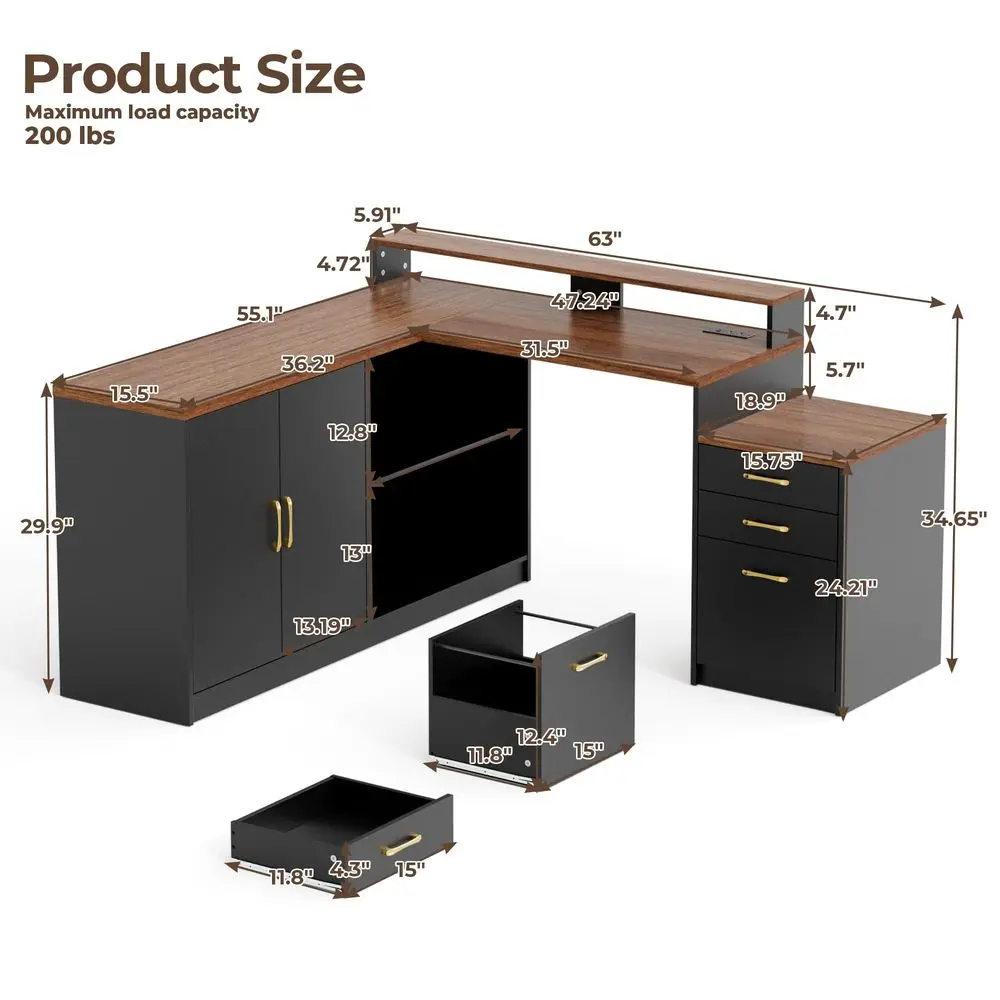 

Угловой стол L-образной формы с ящиками и шкафом для хранения, эргономичный офисный стол с подставкой для монитора и розеткой, современный представительский стол