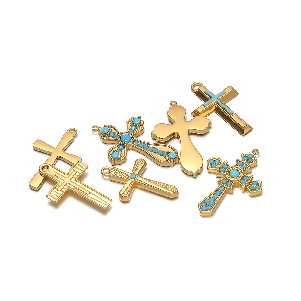 4Pcs Stainless Steel Turquoise Stone Cross Charms Religious Pendant for DIY Necklaces Jewelry Findings Bracelets Making Anklets