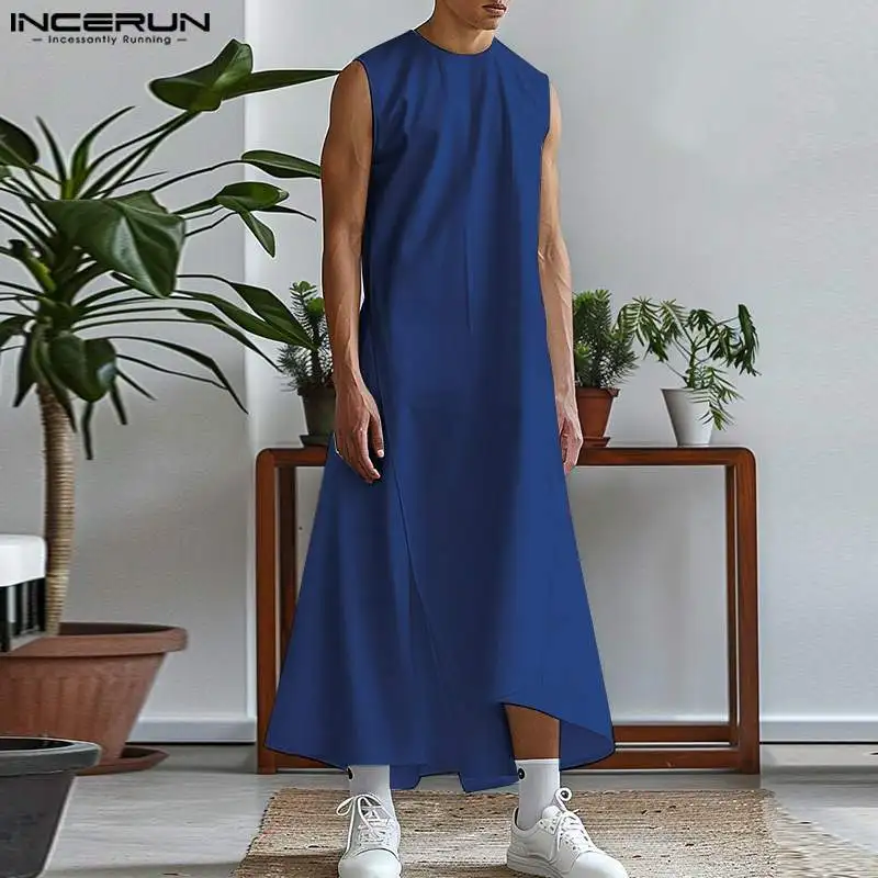 INCERUN-Túnica muçulmana sem mangas comprida masculina, Jubba Thobe islâmico, bainha irregular, moda árabe, árabe sólido, novo, S a 5XL, verão, 2022