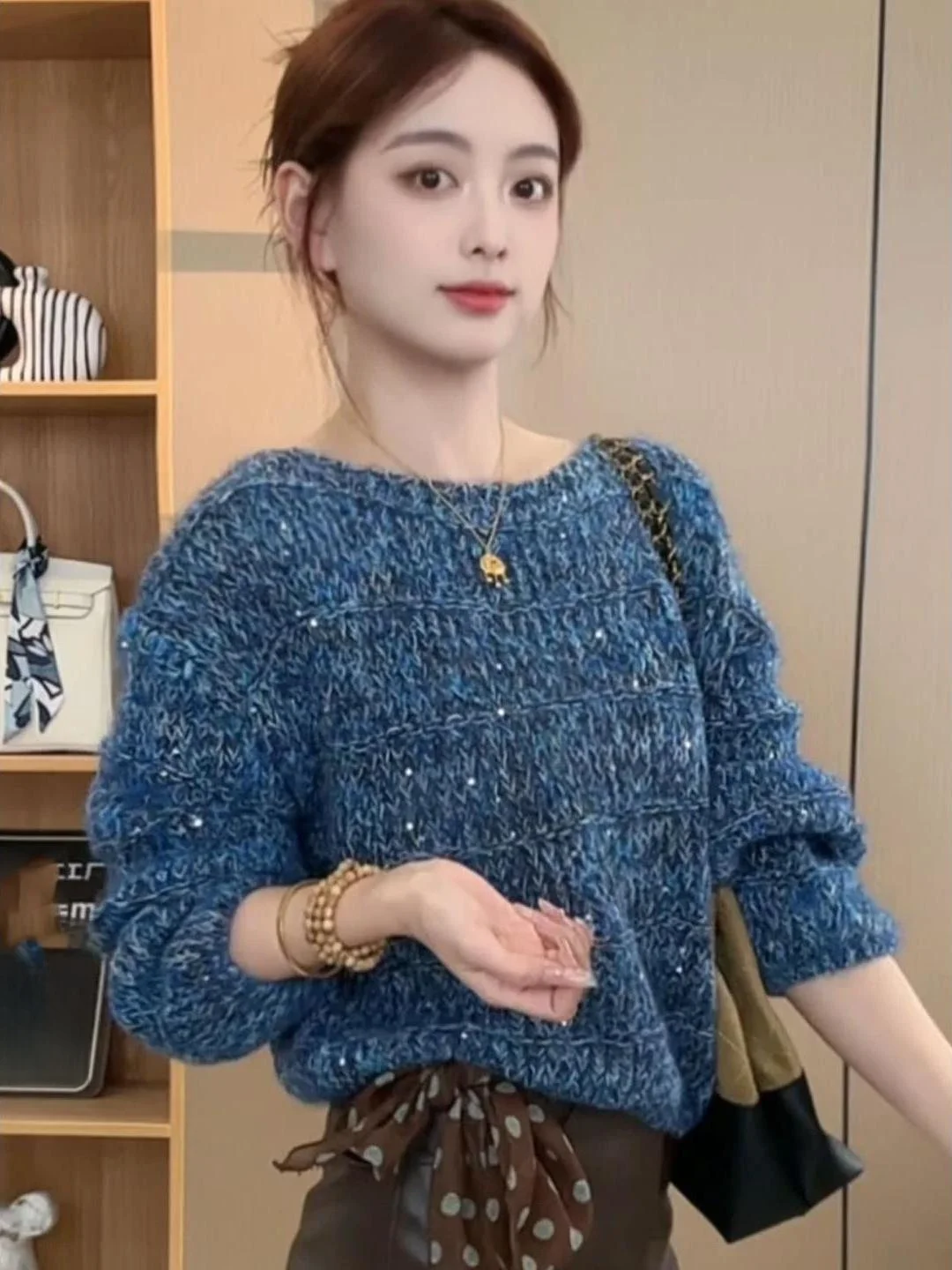 Korean Style Loose Fit Glitter Sweater Women's Autumn Winter New Style Knitted Top Slimming Effect Comfortable Long Sleeve
