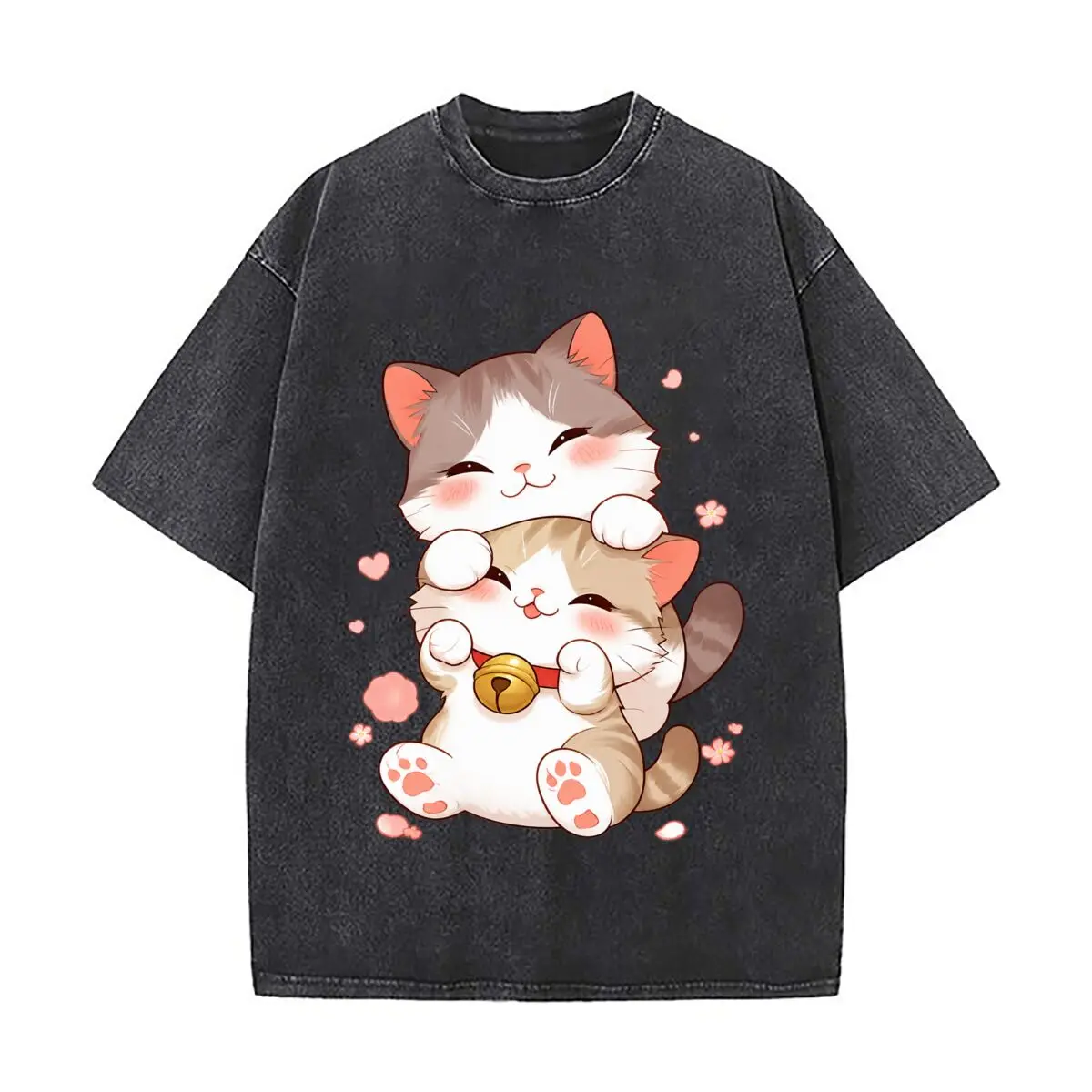 Cute Cuddling Cats Hearts Flowers Golden Bell Kawaii Illustration Vintage Distressed Loose Streetwear Tops