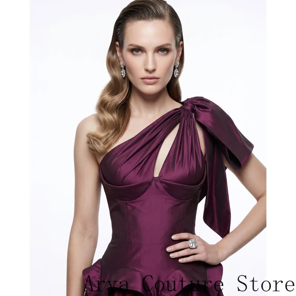 Customized Luxury Plum Purple Satin Evening Gown One‑Shoulder Big Bow Keyhole Front Ruffle Peplum Waist A‑Line
