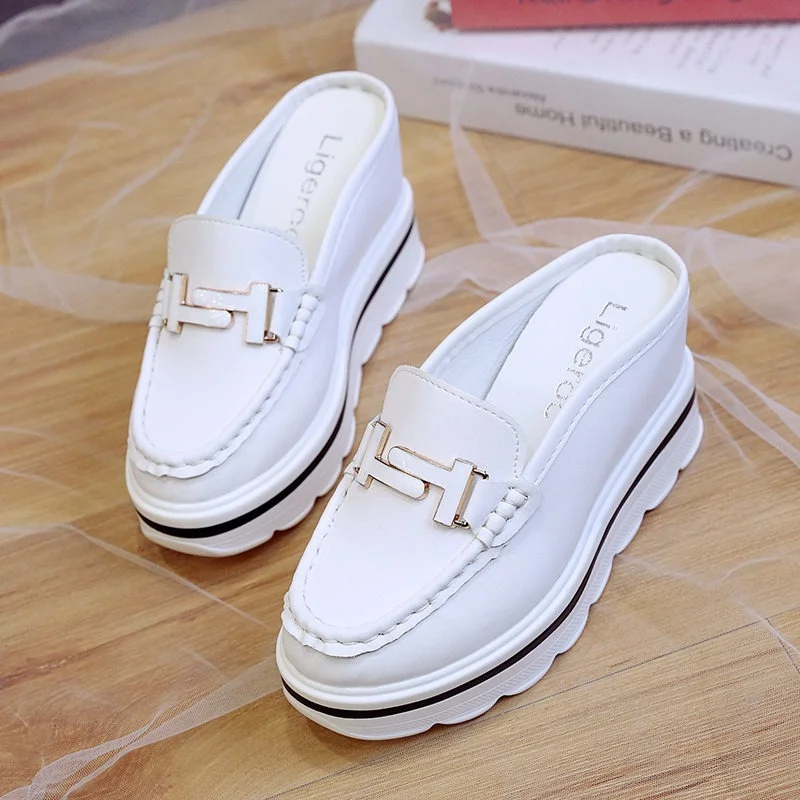 2022 Slides Platform Wedge Slippers Loafers Height Increasing Shoes Women Moccasin Mules Sandals for Women Summer Footwear White