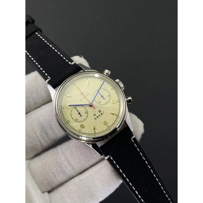 ل 1963 الطيران الطيران كرونوغراف طبق الاصل دليل لف الميكانيكية ساعة رجالي كريم أصفر الفولاذ المقاوم للصدأ مقاوم للماء الرجال #5