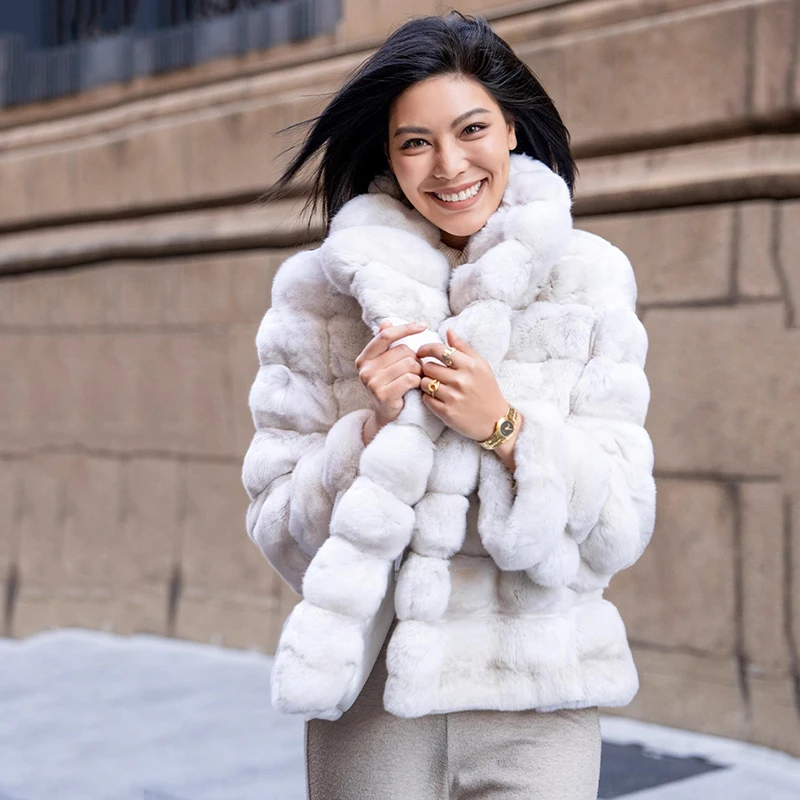 Ftangaiur, abrigo de Chinchilla azul cian blanco puro importado de invierno, abrigos de piel de Chinchilla de Color Natural de lujo con cuello vuelto para mujer