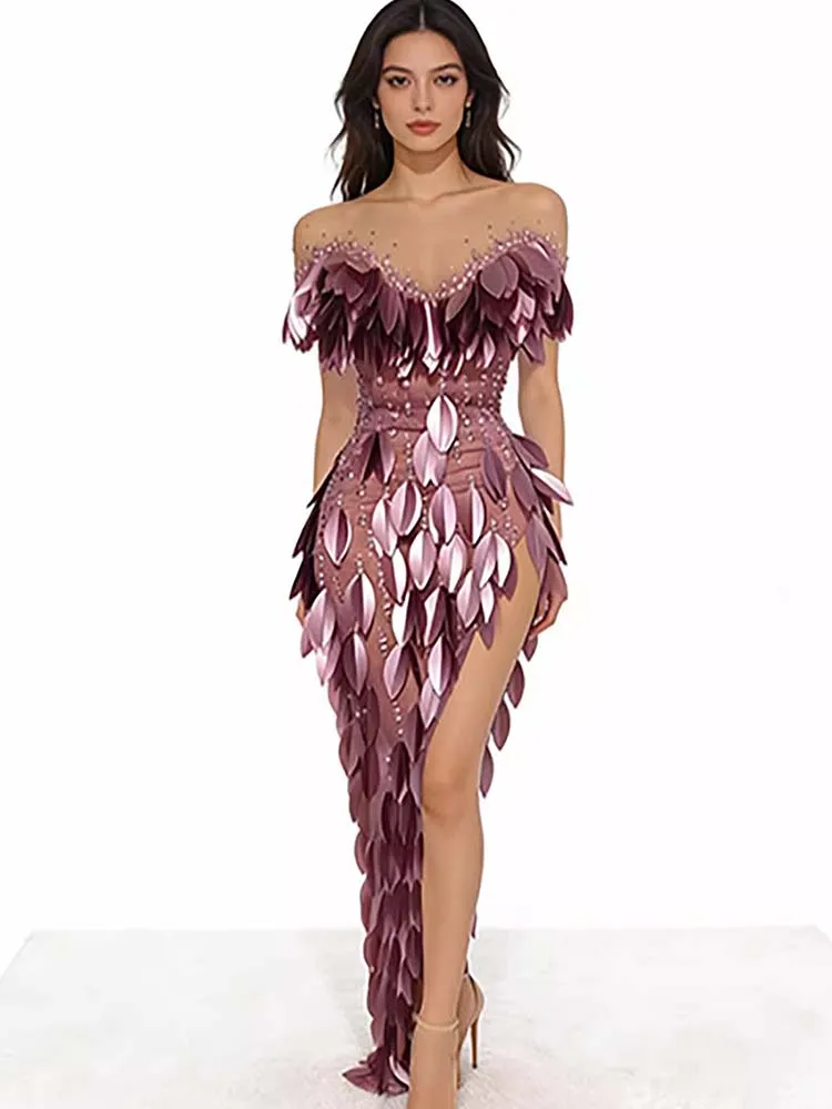 

Высококачественное блестящее и сексуальное платье с разрезом и стразами в форме листьев, новая модная женская одежда 2026 года, на заказ