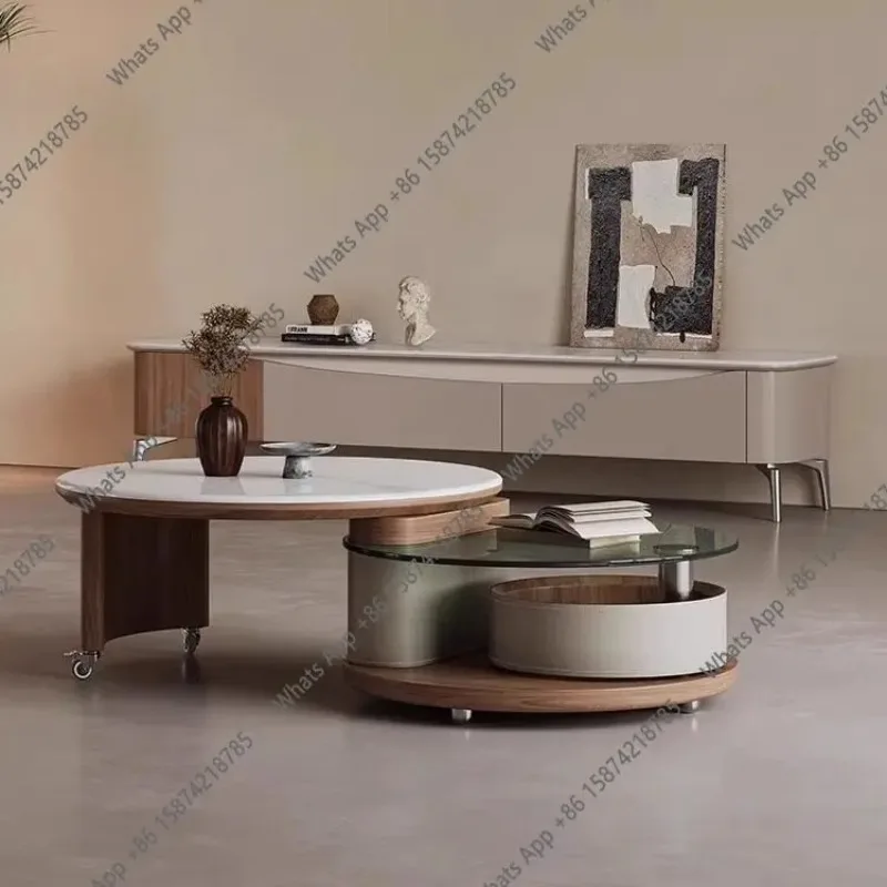 C64 Rotating Coffee Table Modern Simple Living Room Microcrystalline Stone Multifunctional Telescopic Round Coffee Table