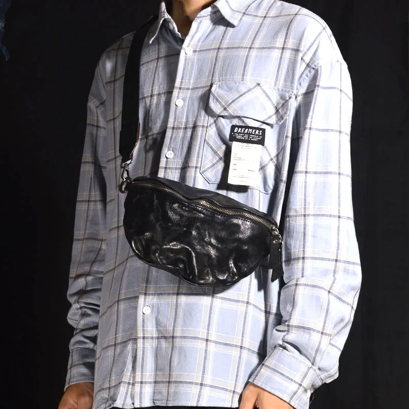 

AETOO Crossbody leather vintage commuter fold design first layer cowhide chest bag Literary youth casual solid color outdoor ri