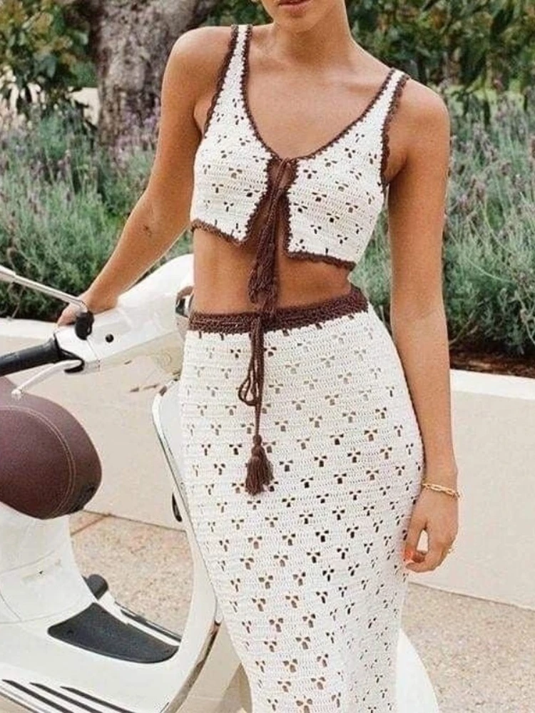 2025 New in Spring Summer Collection Fashion Beach Sleeveless V-neck Halter Top Long Dress Knitted Sexy Cut-out Tie Dress Sets