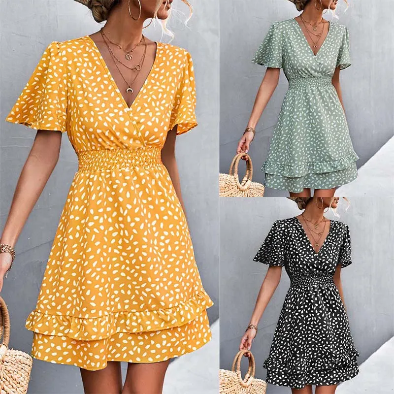 

Sexy V Neck Mini Dress For Women Fashion Floral Slim Short Dresses Female Lotus Leaf Sleeve Elegant Dress