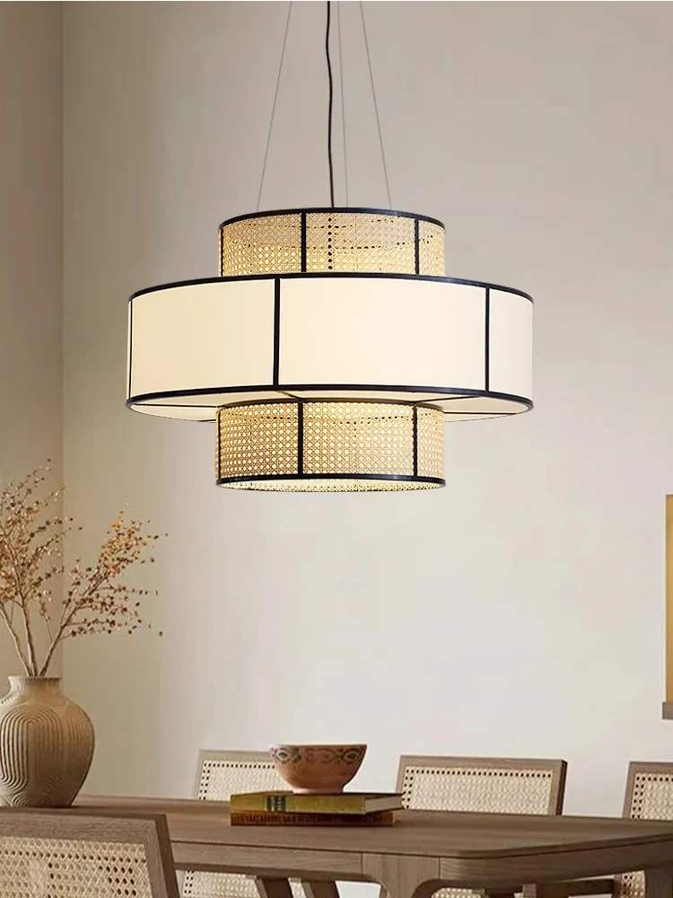 

New Rattan Dining Table Led Chandelier Home Interior Decoration Retro Cloth Round Ceiling Led Lights Restaurant Lighting Lustre