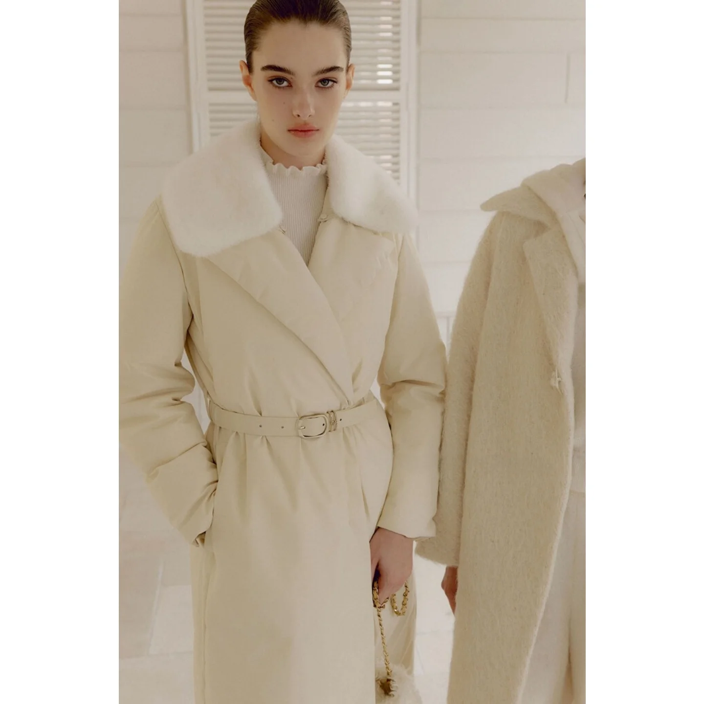 Detachable Fur Collar Windbreaker Sle Goose down Coat Stand Collar Waist Belt Commuter Versatile down Jaet Outerwear