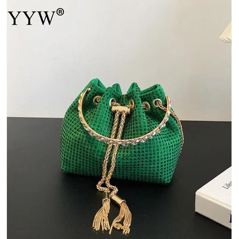 Diamonds Tassel Evening Clutch Bag Women Luxury Designer Chain Metal Ring Handle Shiny Crystal Bucket Purse Bridal Wedding Party