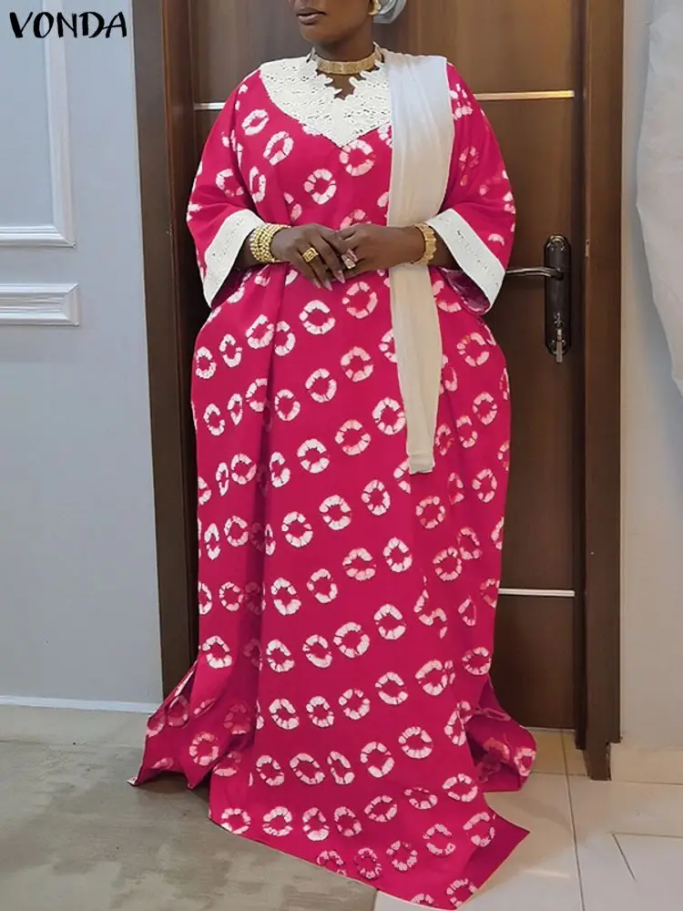 Plus size 5xl vonda boêmio impressão vintage maxi robe feminino vestidos longos com decote em v 3/4 manga rendas retalhos vestidos de festa casuais