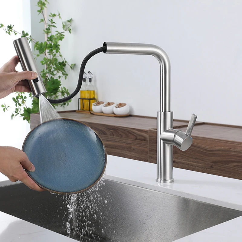 Hot Selling Pull Out Kitchen Mixers 304 Stainless Steel Waterfall Sink Water Taps Single Handle Hot Cold Kitchen Faucet