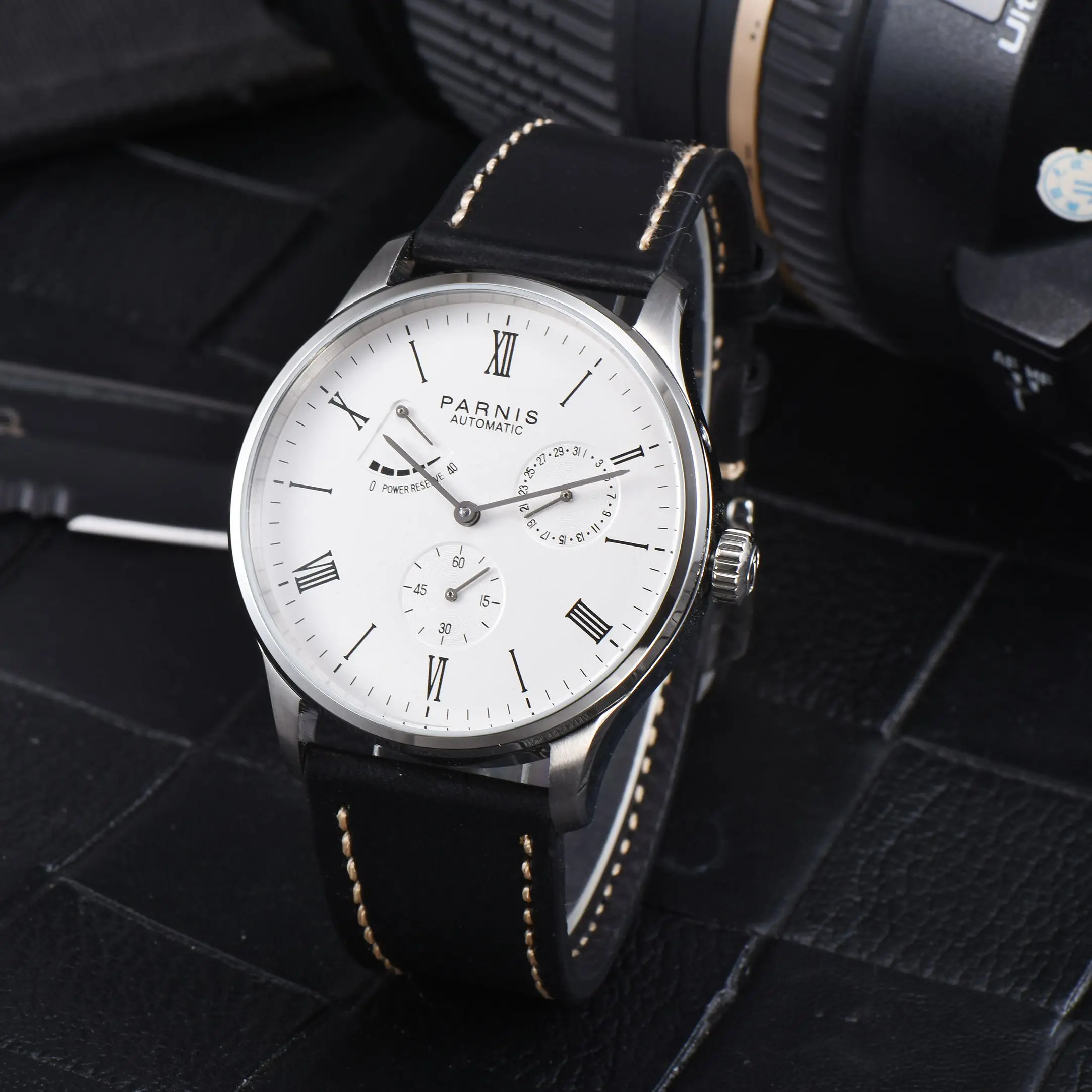 

Fashion Parnis 41.5mm White Dial Automatic Mechanical Men's Watches Leather Strap Calendar Watch For Men reloj hombre 2025 Gift