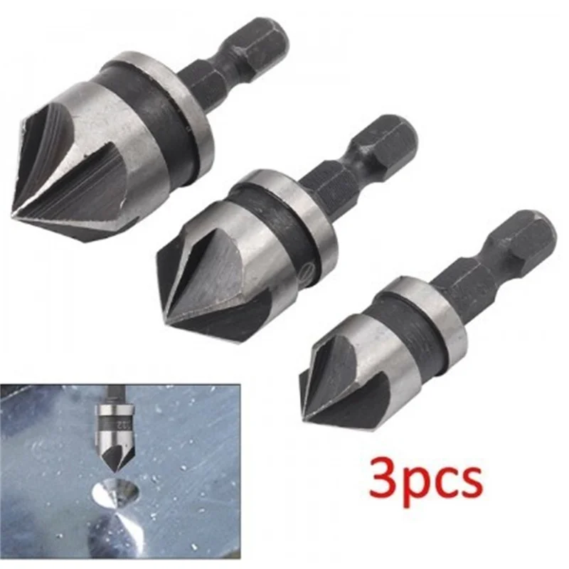 90 Degree 3PC Five Edge Countersink Drill Bit  12/16/19mm  Metal Woodworking Titanium Hole Opener Chamfering Tool  Aluminum