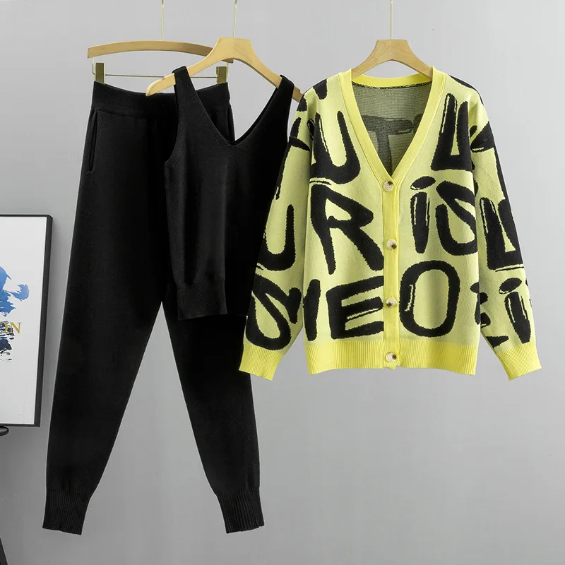 Greenora Minimalist Business Casual Scandinavian Style Women Letter Print Knit Cardigan Vest Pants 3 Piece Set