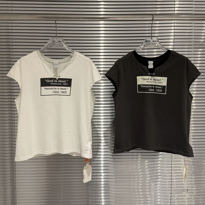 American Streetwear Hole Heavy Embroidery Protocol T-shirts Safety Pin Print Casual Man Woman Tops Tees