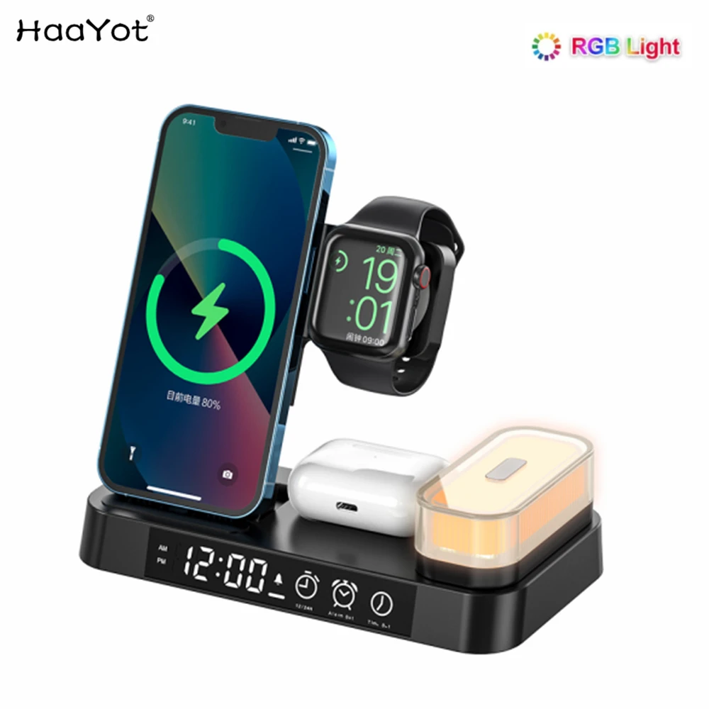 Best 4 in 1 Fast Wireless Charging Station for Apple Watch, Airpods, iPhone 15, 14, 13, 12 Pro Max, Alarm Clock, Night Light