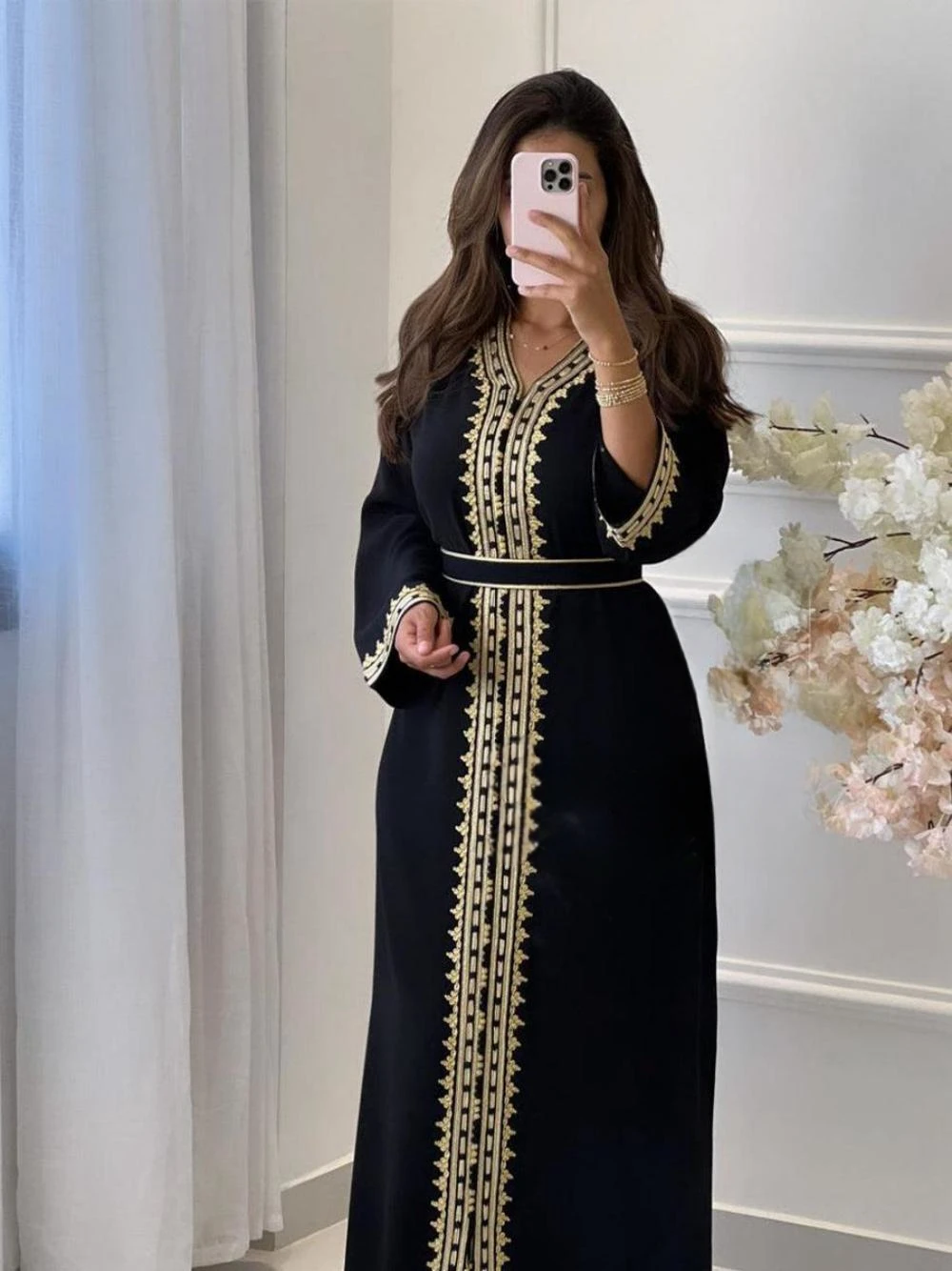 Modest V-neck Long Sleeve Prom Dress Muslim Appliques Belt Cocktail Gown Customized Moroccan Caftan Evening Dress Robe De Mariée